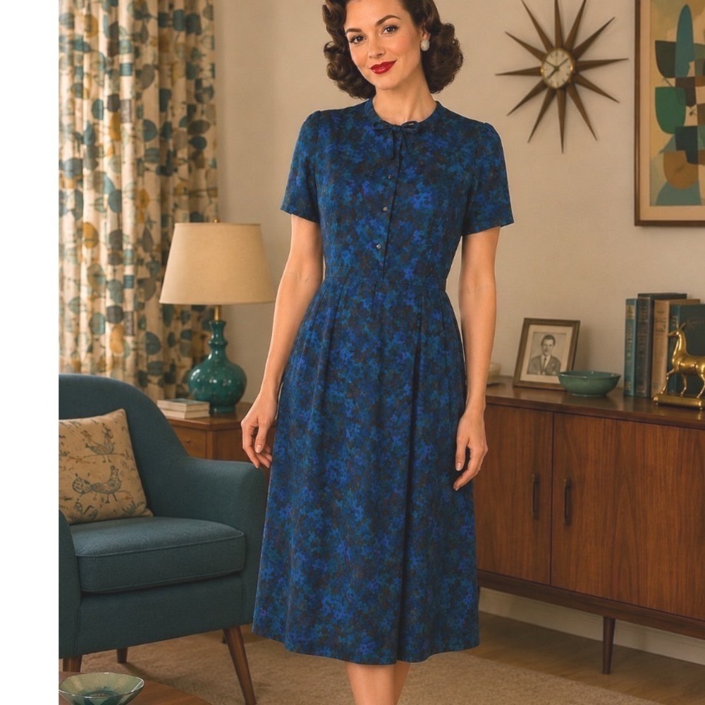Vtg 50's Blue Abstract Watercolor Pintuck Pleated Midi Dress rockabilly XL